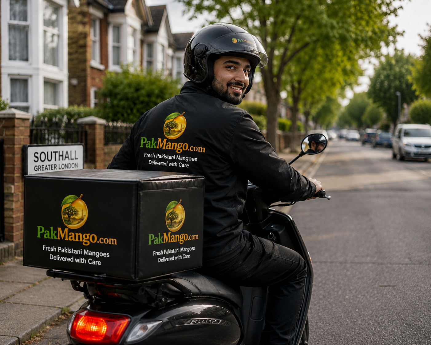 PakMango courier delivering fresh Pakistani mangoes in Southall, London.