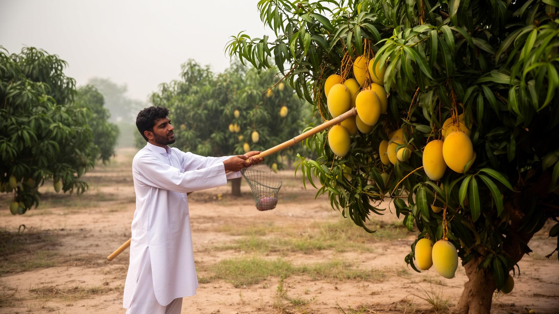 Sindhri mangoes on the picking tray at Tando Allahyar.