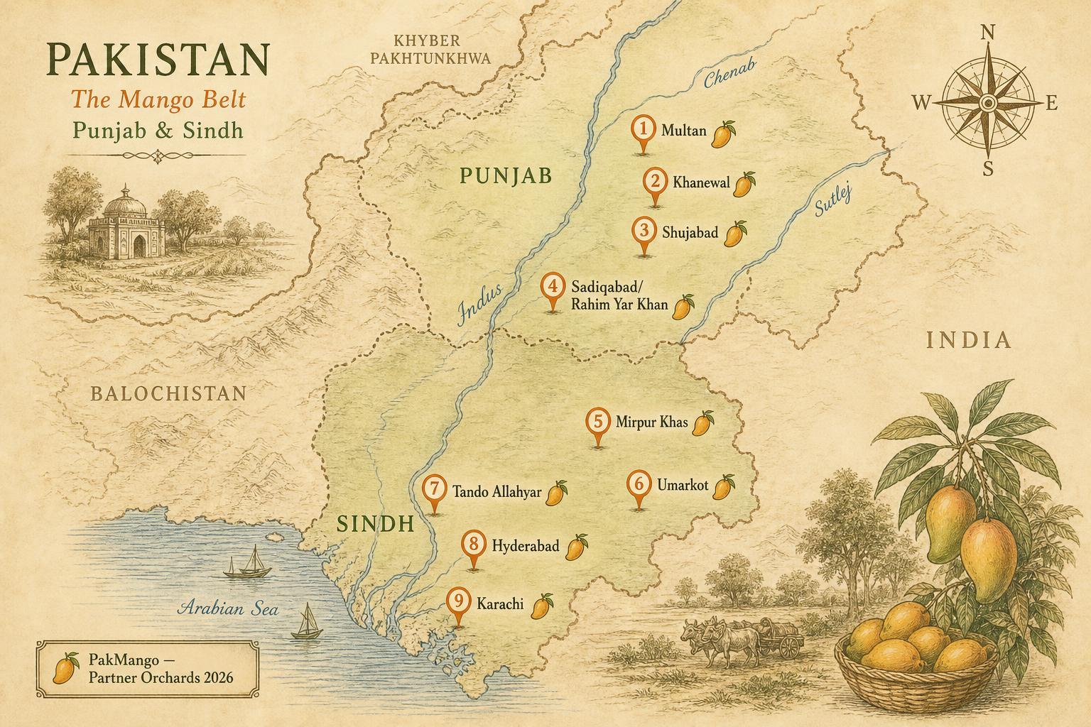 Illustrated map of Pakistan's mango belt showing Multan, Khanewal, Shujabad, Sadiqabad/Rahim Yar Khan in Punjab and Mirpur Khas, Umarkot, Tando Allahyar, Hyderabad, Karachi in Sindh.