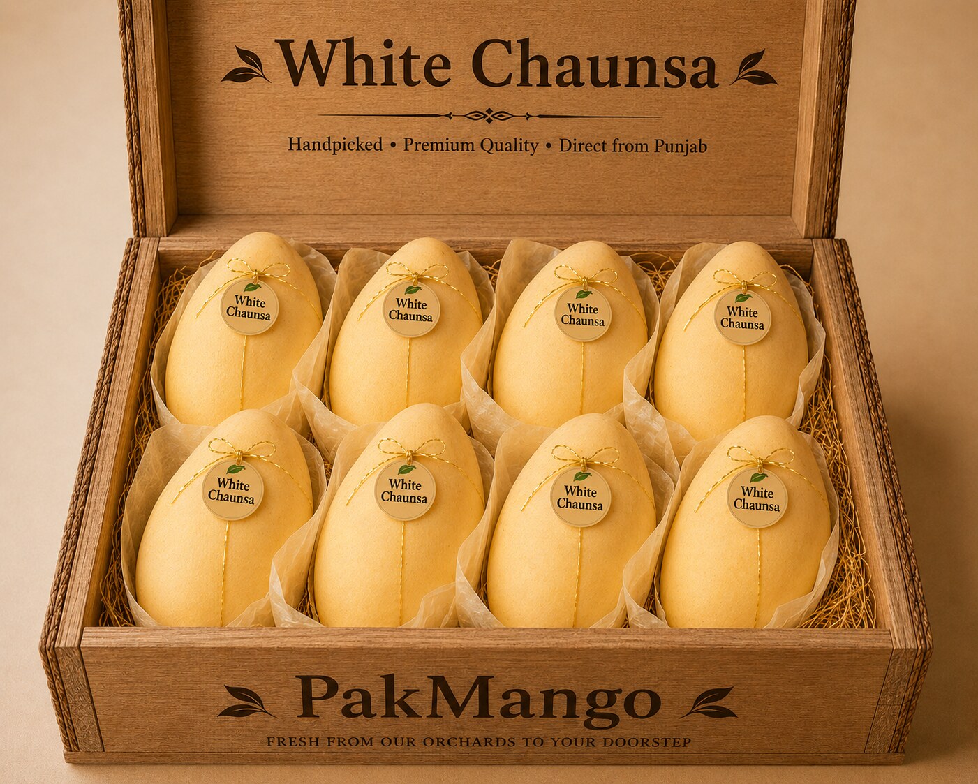 PakMango wooden gift box of eight White Chaunsa mangoes, each wrapped and labelled